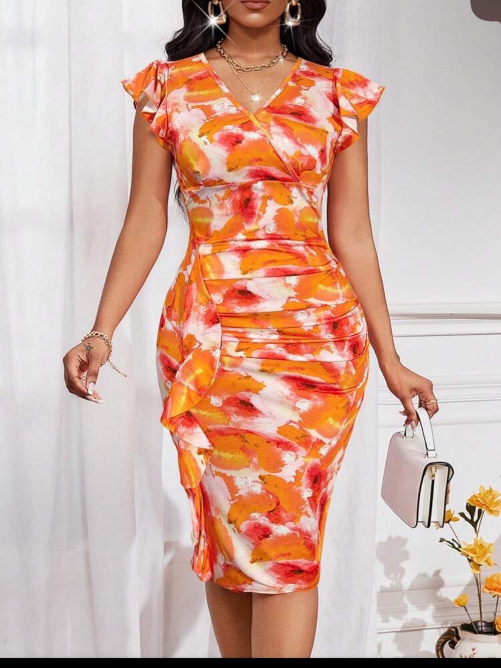 Shein Orange and Pink Floral Midi Dress Sz L